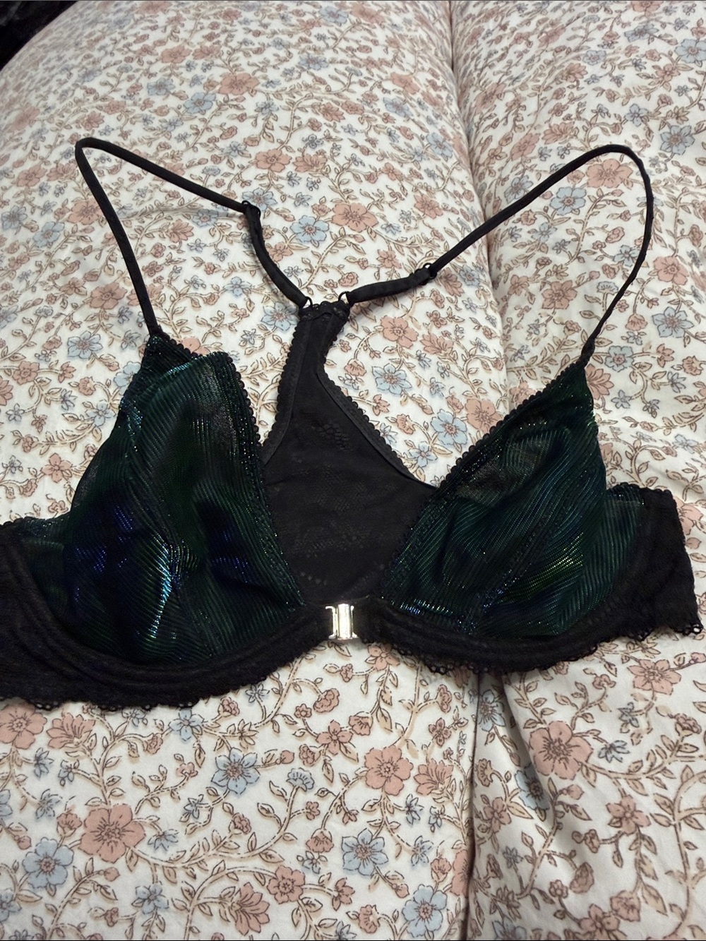 Free People Black Bralette with Iridescent Green Panels